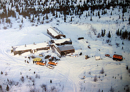 An aerial view of the naval base turned lodge in the winter 